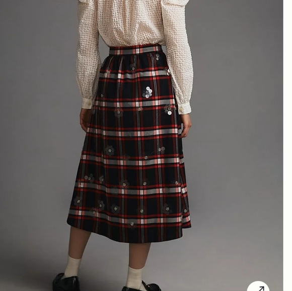 Anthropologie Maeve Embellished Plaid Skirt Black and Red Size 4 - Picture 2 of 10